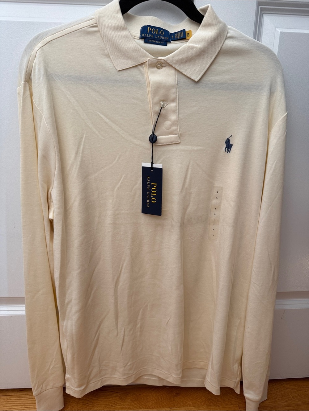 Polo by Ralph Lauren Men's Long Sleeve Button Polo in Cream with Navy Logo
